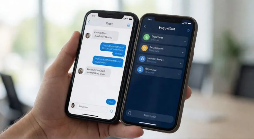como hacer un nuevo numero de telefono, Manos sosteniendo dos teléfonos móviles mostrando aplicaciones de mensajes y correo de voz