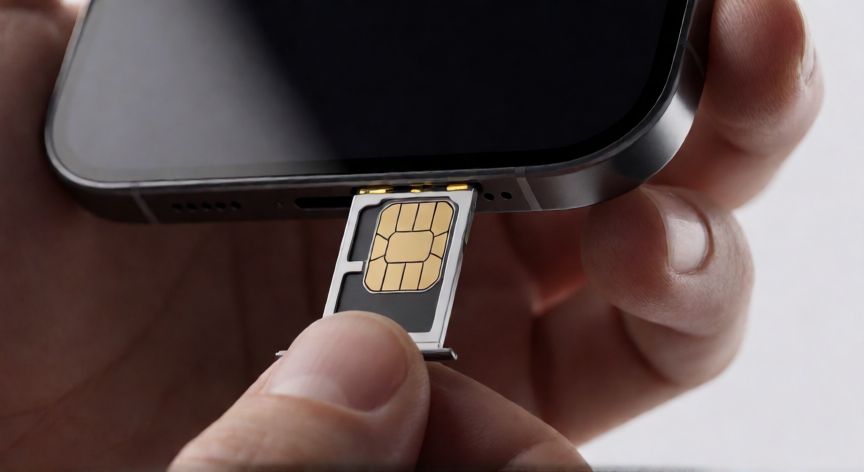 Mano insertando una nueva tarjeta SIM en un teléfono móvil