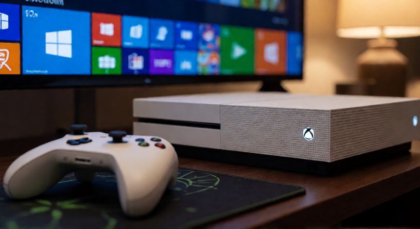 como hacer un nuevo perfil en xbox one, Consola Xbox One encendida en un salón moderno con mando inalámbrico