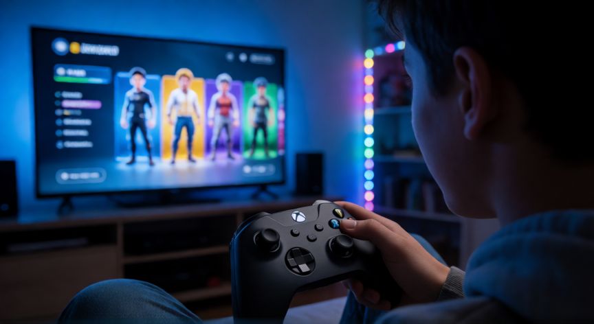 como hacer un nuevo perfil en xbox one, Jugador creando un nuevo perfil en Xbox One durante la noche