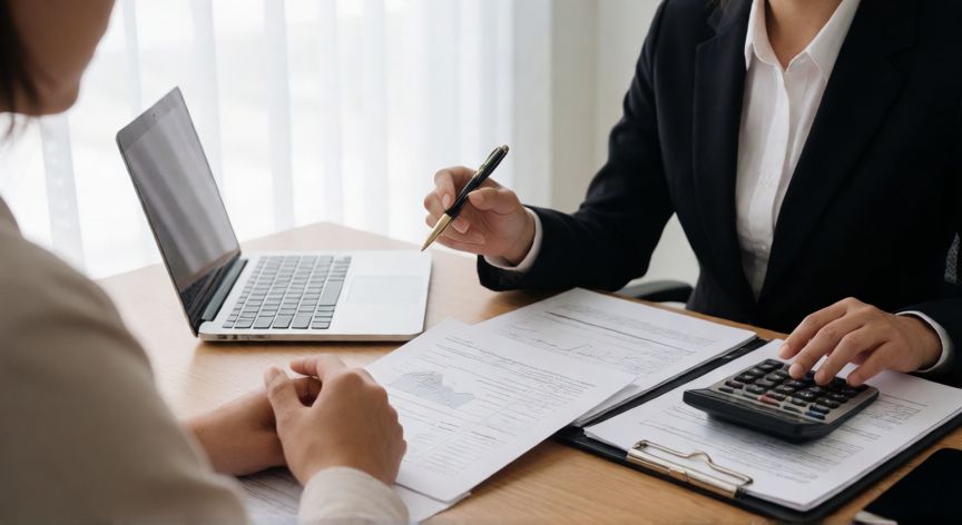 Asesor financiero revisando documentación para préstamo personal
