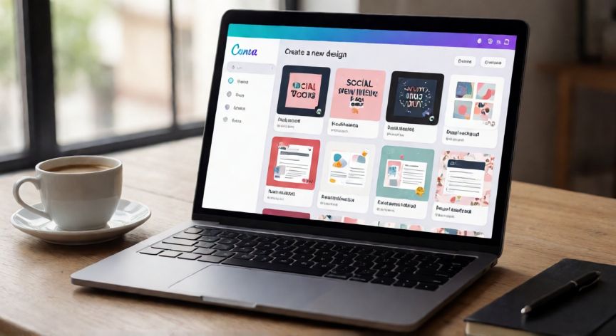 Pantalla de un portátil mostrando la interfaz de Canva para crear un nuevo diseño