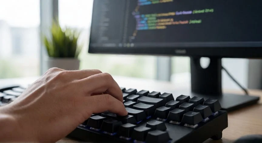 como hacer un nuevo proyecto en java, Manos escribiendo código Java en una máquina de escribir mecánica con terminal al fondo