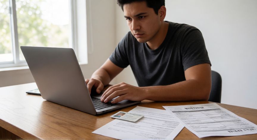 Joven preparando documentos para registro en programa federal