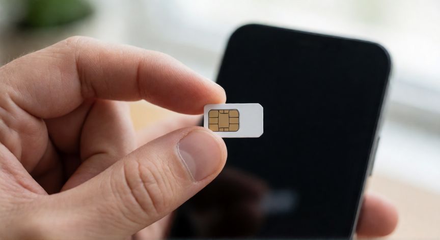 Persona sosteniendo una nueva tarjeta SIM junto a un móvil