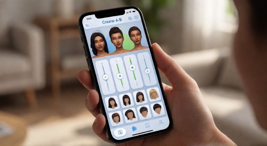 Interfaz de creación de Sims en el móvil mostrando opciones faciales