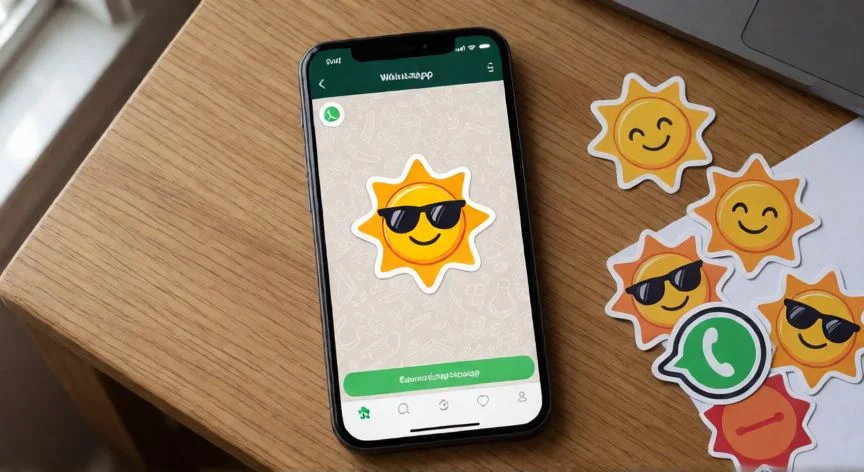 como hacer un nuevo sticker en whatsapp, Móvil sobre escritorio mostrando un sticker de sol personalizado en WhatsApp