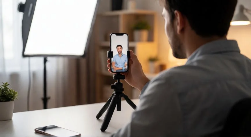 Persona preparando la grabación de un video con trípode y luz