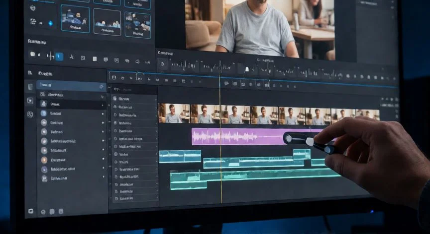 cómo hacer un nuevo video, Interfaz de edición de video en pantalla mostrando línea de tiempo