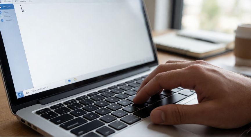 Mano presionando teclas Ctrl y N en un portátil con Word abierto