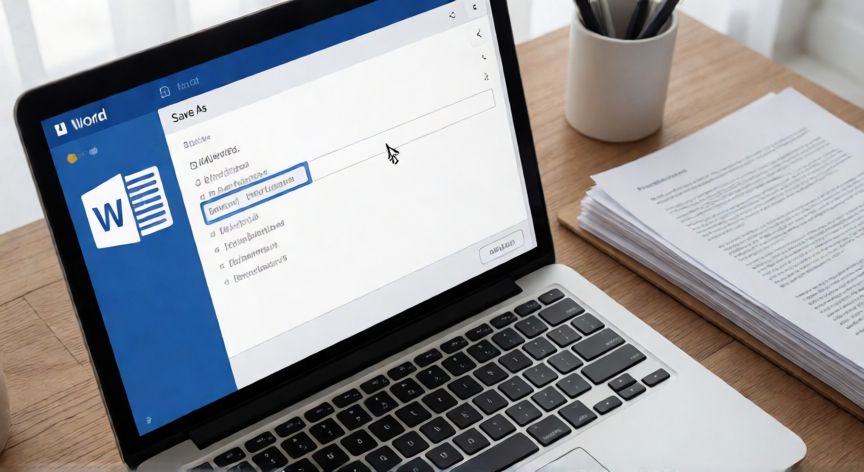 como hacer un nuevo word, Pantalla de guardar como en Word sobre un escritorio ordenado