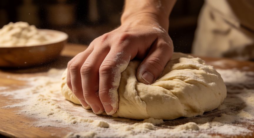 cómo hacer un pan, Manos amasando masa de pan sobre tabla de madera con harina