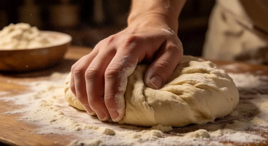 Manos amasando masa de pan sobre tabla de madera con harina