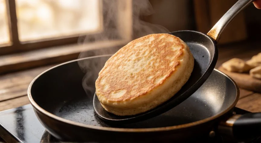 Volteando un pan de avena esponjoso en sartén con corteza dorada