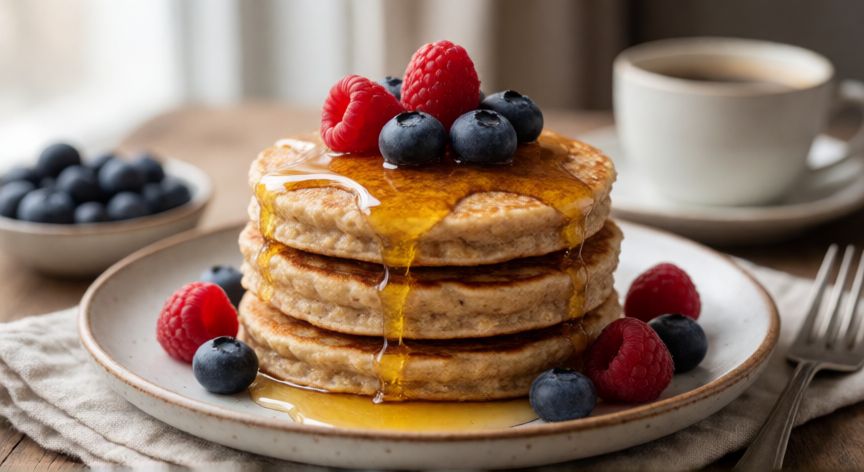 como hacer un pan de avena esponjoso en sartén, Pila de panes de avena esponjosos con miel y frutos rojos en un plato de cerámica