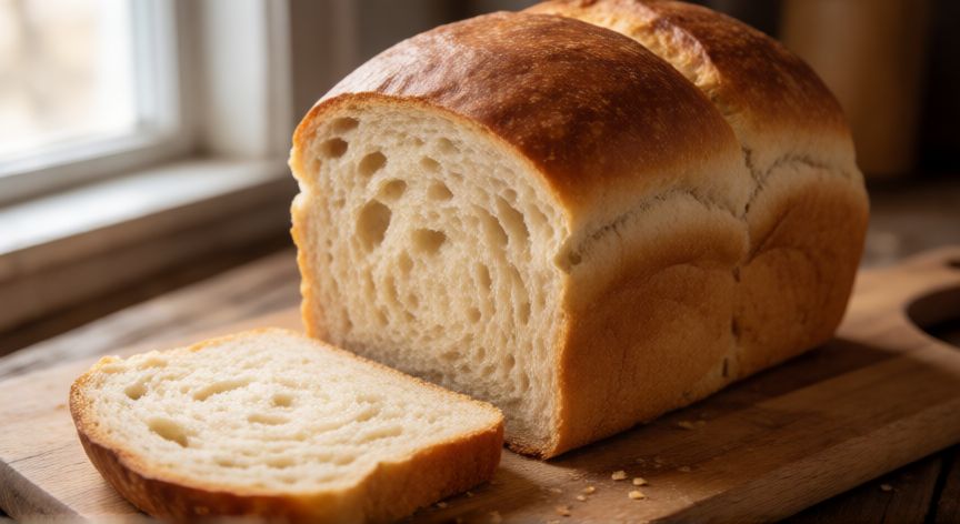 como hacer un pan de avena esponjoso sin harina, Pan de avena esponjoso recién horneado sobre tabla de madera