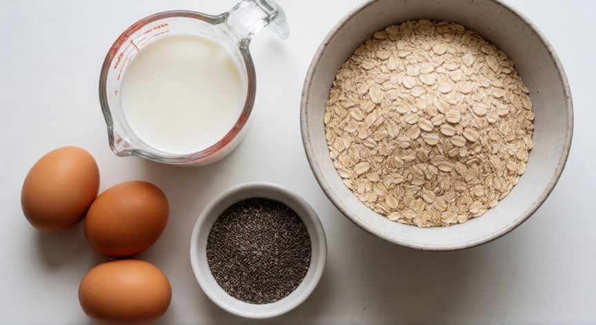 como hacer un pan de avena esponjoso sin harina, Ingredientes para preparar pan de avena sin harina en una encimera blanca