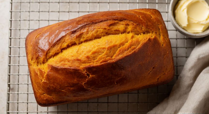 cómo hacer un pan de batata, Pan de batata recién horneado dorado sobre rejilla de enfriamiento