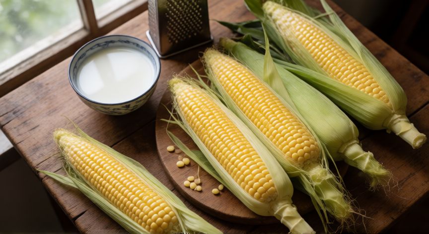 cómo hacer un pan de elote, Elotes frescos de maíz dulce sobre una mesa de madera para preparar pan