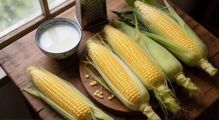 Elotes frescos de maíz dulce sobre una mesa de madera para preparar pan