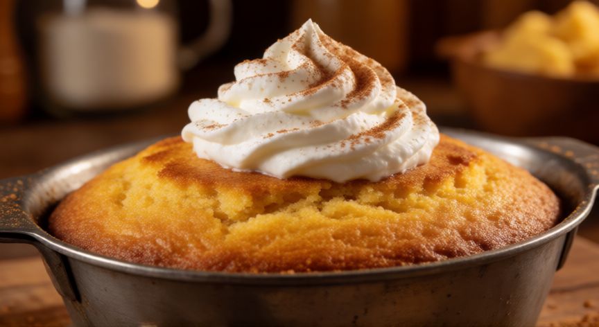 cómo hacer un pan de elote, Pan de elote recién horneado con crema batida y canela