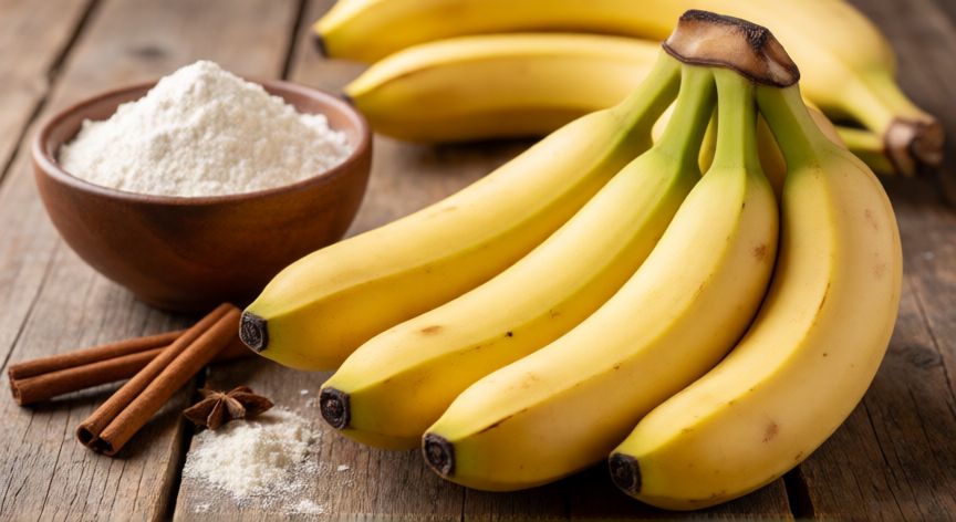 cómo hacer un pan de plátano, Ingredientes frescos para pan de plátano sobre mesa de madera