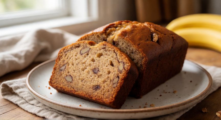 cómo hacer un pan de plátano, Rebanadas de pan de plátano recién horneado con nueces