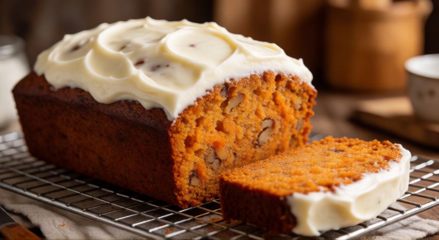 cómo hacer un pan de zanahoria, Pan de zanahoria recién horneado con glaseado de queso