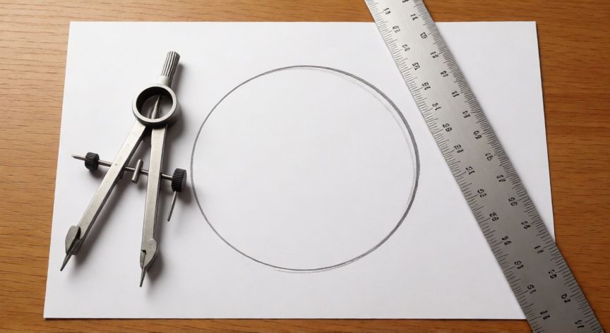 como hacer un pentagono de 5 cm cada lado, Herramientas de geometría y compás sobre papel para trazar un pentágono