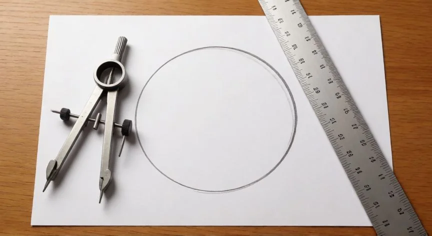 Herramientas de geometría y compás sobre papel para trazar un pentágono