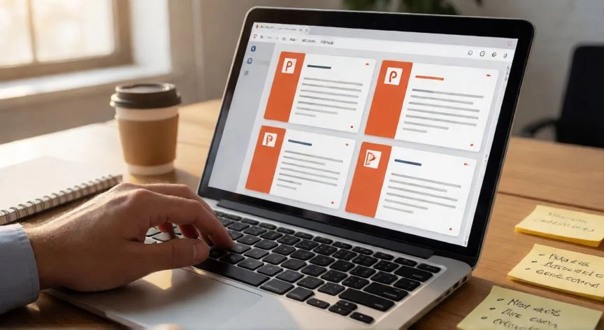 como hacer un powerpoint en 5 minutos, Personas creando una presentación de PowerPoint en un portátil con notas adhesivas al lado