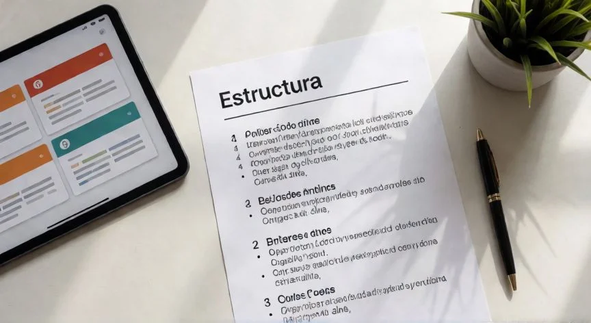 como hacer un powerpoint en 5 minutos, Vista cenital de un escritorio organizado con la estructura de una presentación de PowerPoint en papel