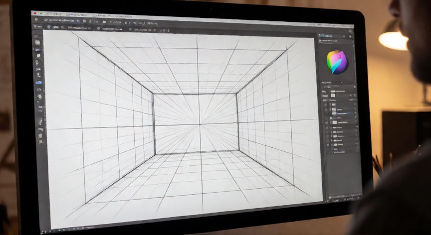 Interfaz de Krita mostrando la rejilla de perspectiva activa con punto de fuga central
