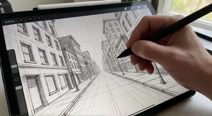 como hacer un punto de fuga en krita, Artista dibujando una calle con perspectiva de un punto de fuga en tableta gráfica