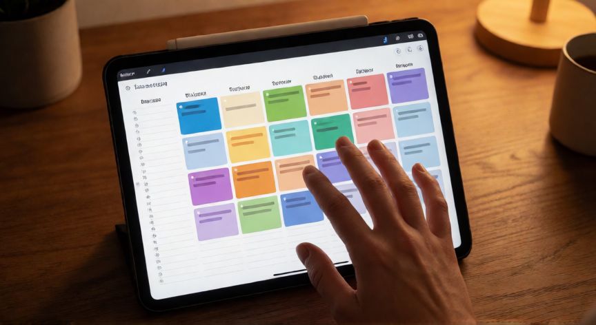 como hacer un recordatorio cada mes, Vista superior de manos usando una tablet para organizar tareas mensuales con un calendario de colores