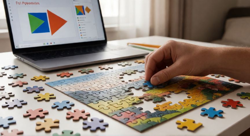 como hacer un rompecabezas en powerpoint, Rompecabezas de piezas de color sobre un escritorio con una presentación de PowerPoint al fondo