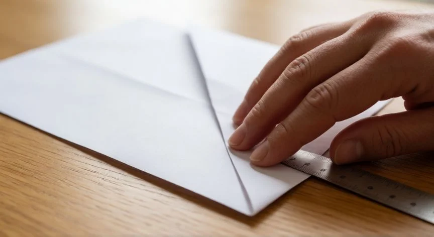 Manos plegando un folio en blanco sobre una mesa de madera marcando la línea central