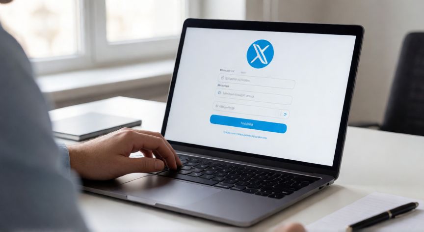 cómo hacer un x nuevo, Persona registrándose en la plataforma X en una laptop con interfaz limpia