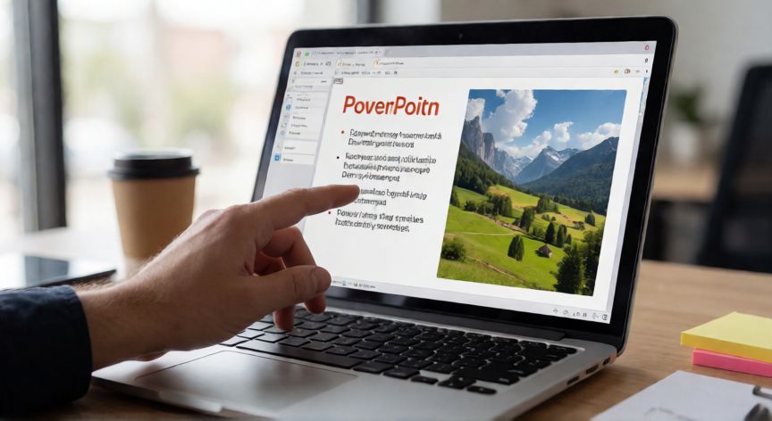 como hacer una diapositiva en powerpoint con imagen y texto, Manos editando una diapositiva en PowerPoint con imagen y texto en la pantalla de un portátil