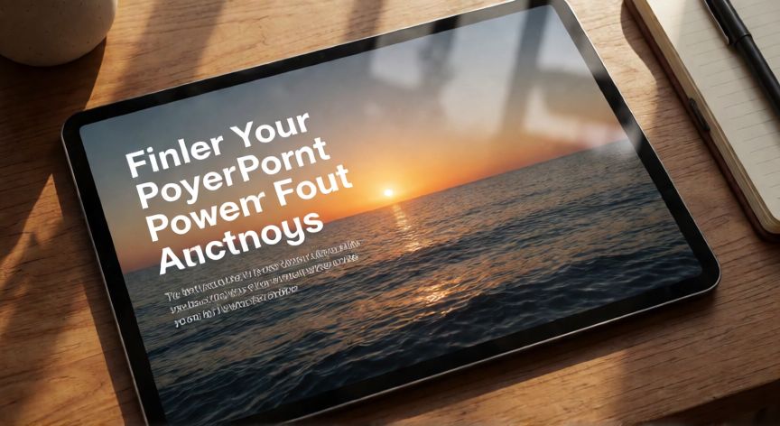 como hacer una diapositiva en powerpoint con imagen y texto, Tablet mostrando una diapositiva finalizada con imagen de fondo y texto superpuesto en modo presentación