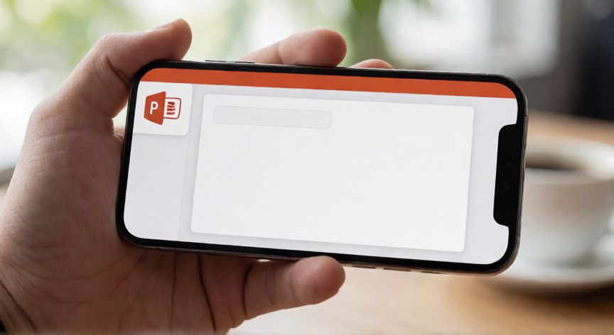 como hacer una diapositiva en powerpoint en el celular, Persona usando la app de PowerPoint en un teléfono móvil en modo horizontal