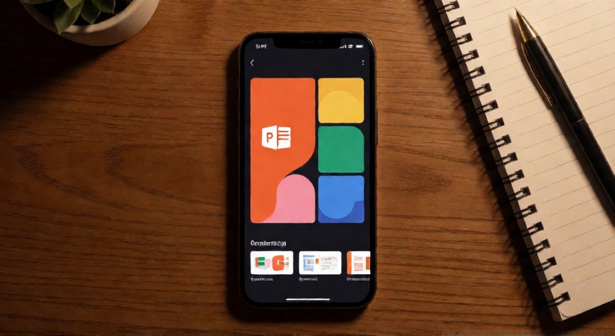 como hacer una diapositiva en powerpoint en el celular, Vista cenital de un móvil con una presentación de PowerPoint abierta sobre un escritorio de madera
