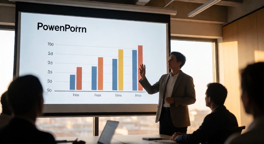 como hacer una exposición en powerpoint, Persona dando una presentación en PowerPoint en una sala de conferencias moderna
