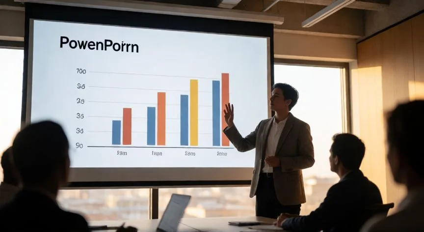 Persona dando una presentación en PowerPoint en una sala de conferencias moderna