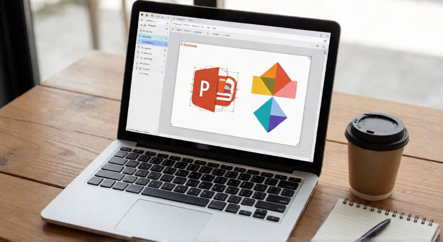 como hacer una exposición en powerpoint, Portátil con PowerPoint abierto en modo edición sobre un escritorio de madera