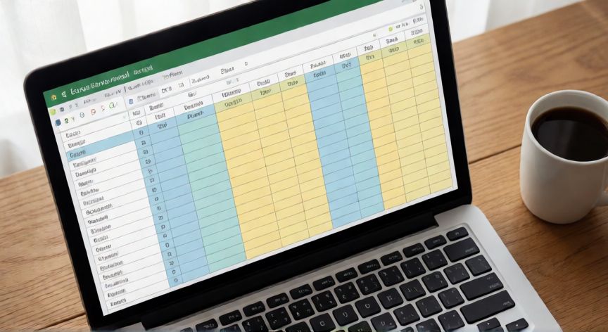 como hacer una fila de cada color en excel, Laptop con tabla de datos en Excel con filas coloreadas manualmente en azul y amarillo