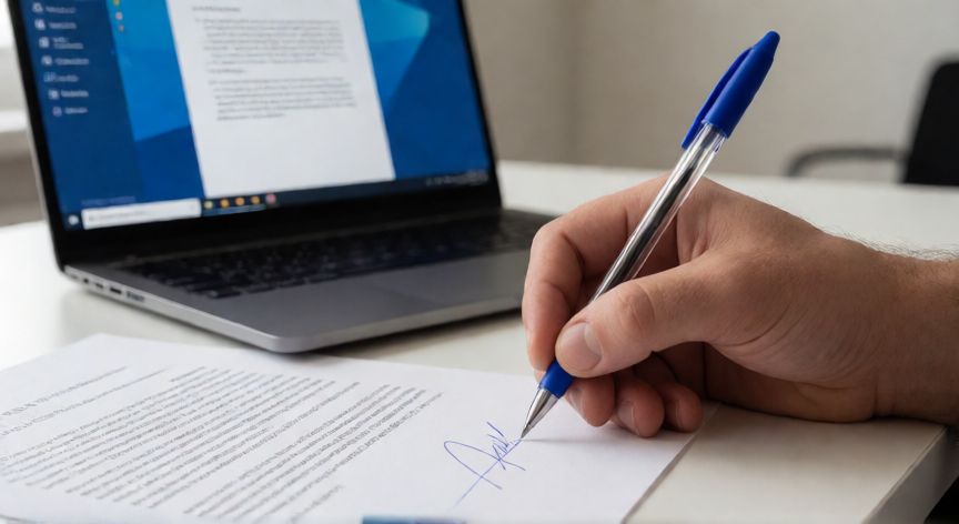 como hacer una firma en word digital, Mano firmando un documento impreso junto a un portátil con Word abierto