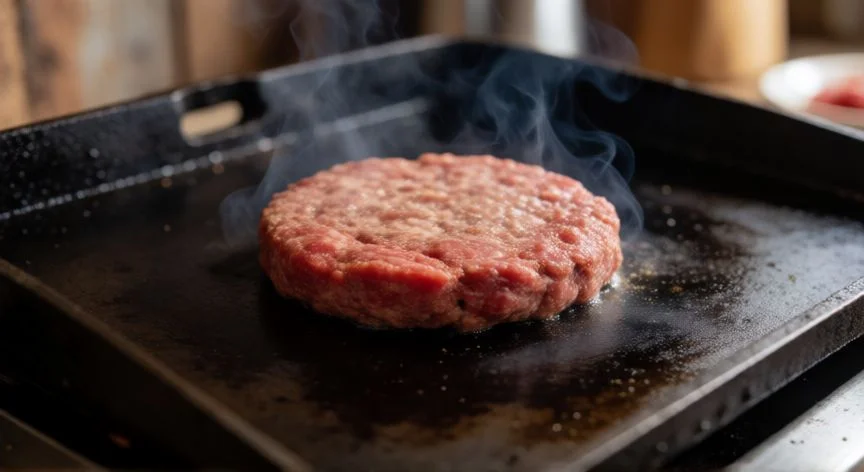 Hamburguesa de carne cruda yendo a la plancha caliente