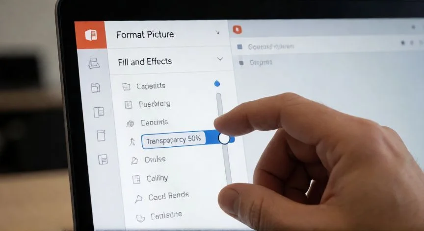 como hacer una imagen en powerpoint transparente, Panel de formato de imagen en PowerPoint con el deslizador de transparencia ajustado