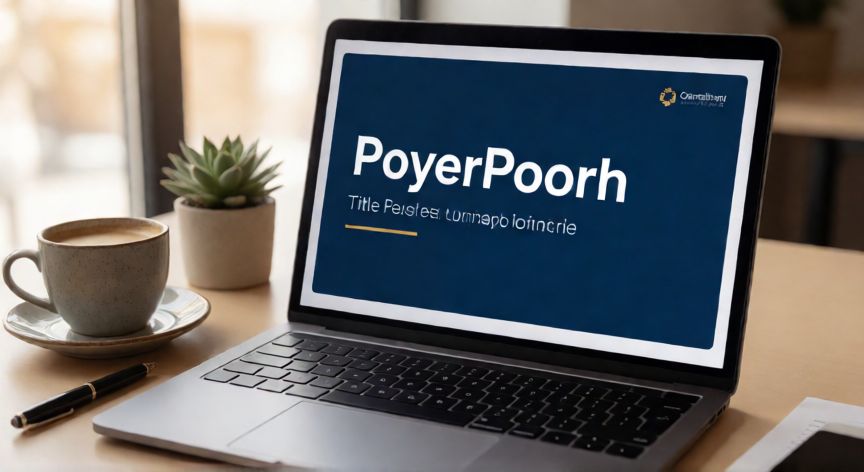 como hacer una portada en powerpoint, Portada de PowerPoint con título, subtítulo y logotipo visible en la pantalla de un portátil sobre un escritorio moderno